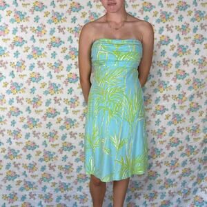 Lilly Pulitzer teal tropical knit strapless knee length dress size small